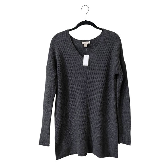 LOFT Ribbed Sweater Women's Size S Charcoal Gray Cotton Blend V-Neck Side Slits - Picture 2 of 6
